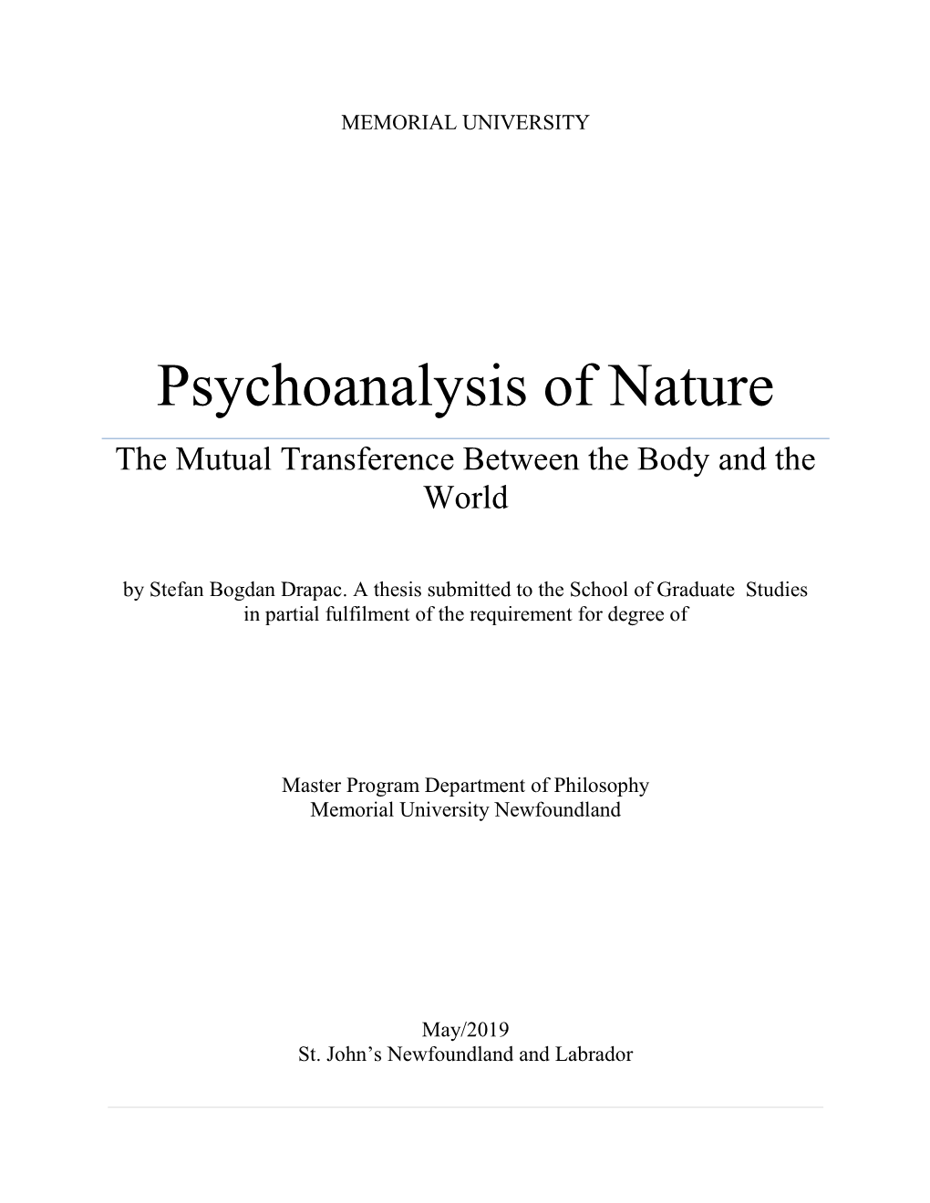 Psychoanalysis of Nature the Mutual Transference Between the Body and the World