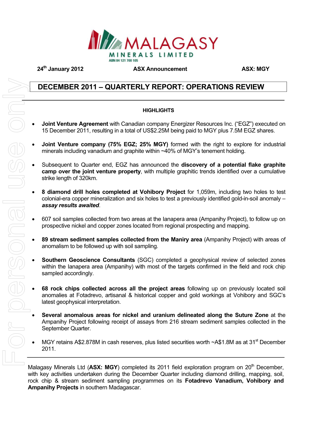 Appendix 5B Mining Exploration Entity Quarterly Report