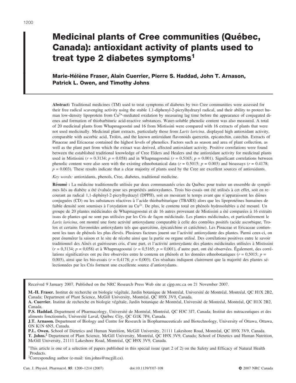 Antioxidant Activity of Plants Used to Treat Type 2 Diabetes Symptoms1