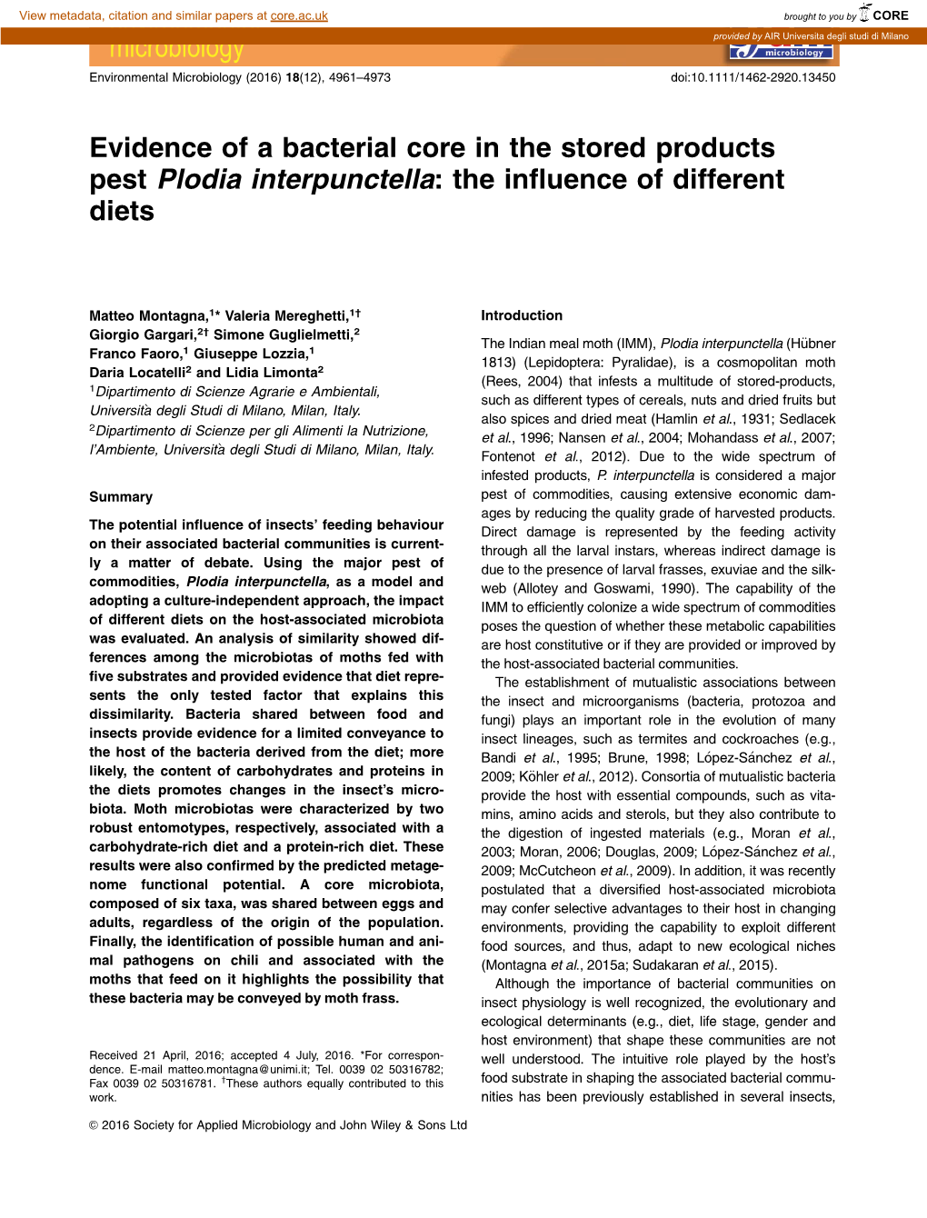 Evidence of a Bacterial Core in the Stored Products Pest Plodia Interpunctella: the Influence of Different Diets