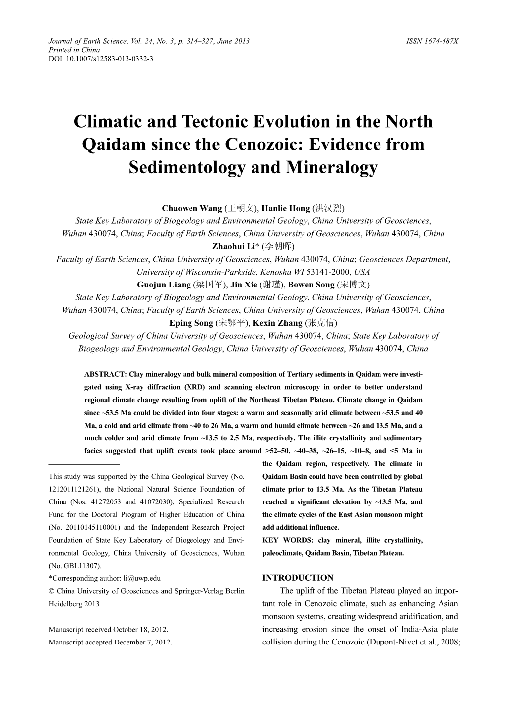 Climatic and Tectonic Evolution in the North Qaidam Since the Cenozoic: Evidence from Sedimentology and Mineralogy