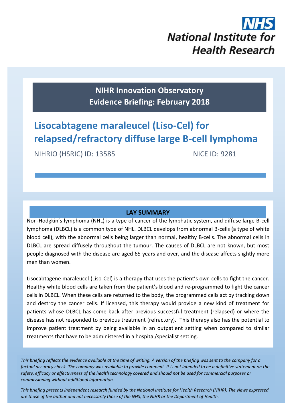 Liso-Cel) for Relapsed/Refractory Diffuse Large B-Cell Lymphoma NIHRIO (HSRIC) ID: 13585 NICE ID: 9281