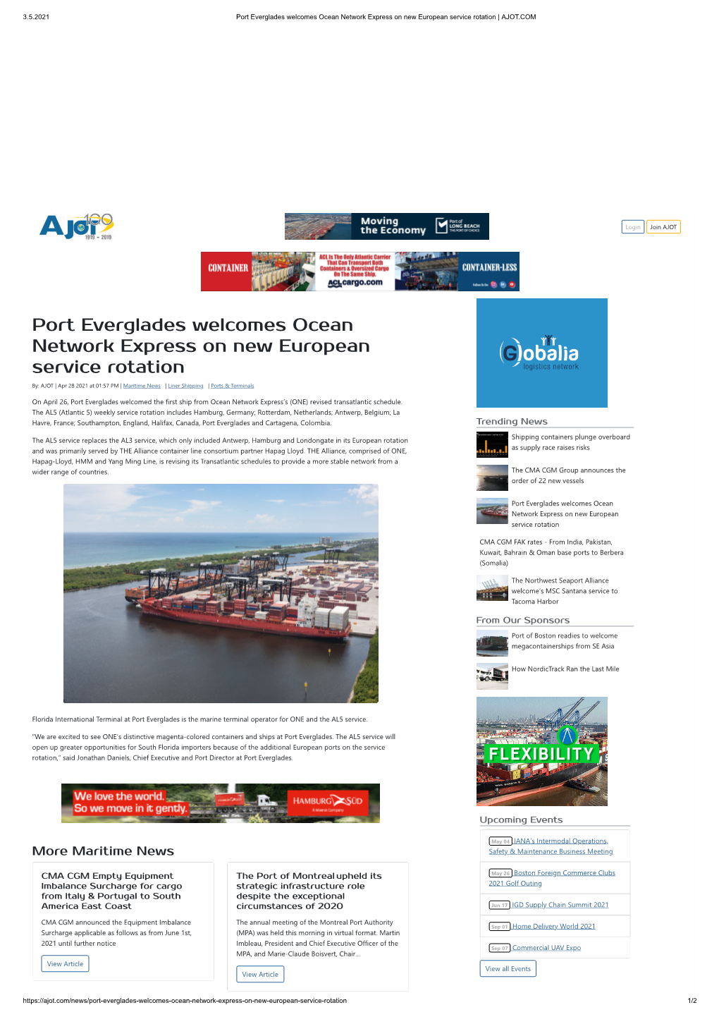Port Everglades Welcomes Ocean Network Express on New European Service Rotation | AJOT.COM ""