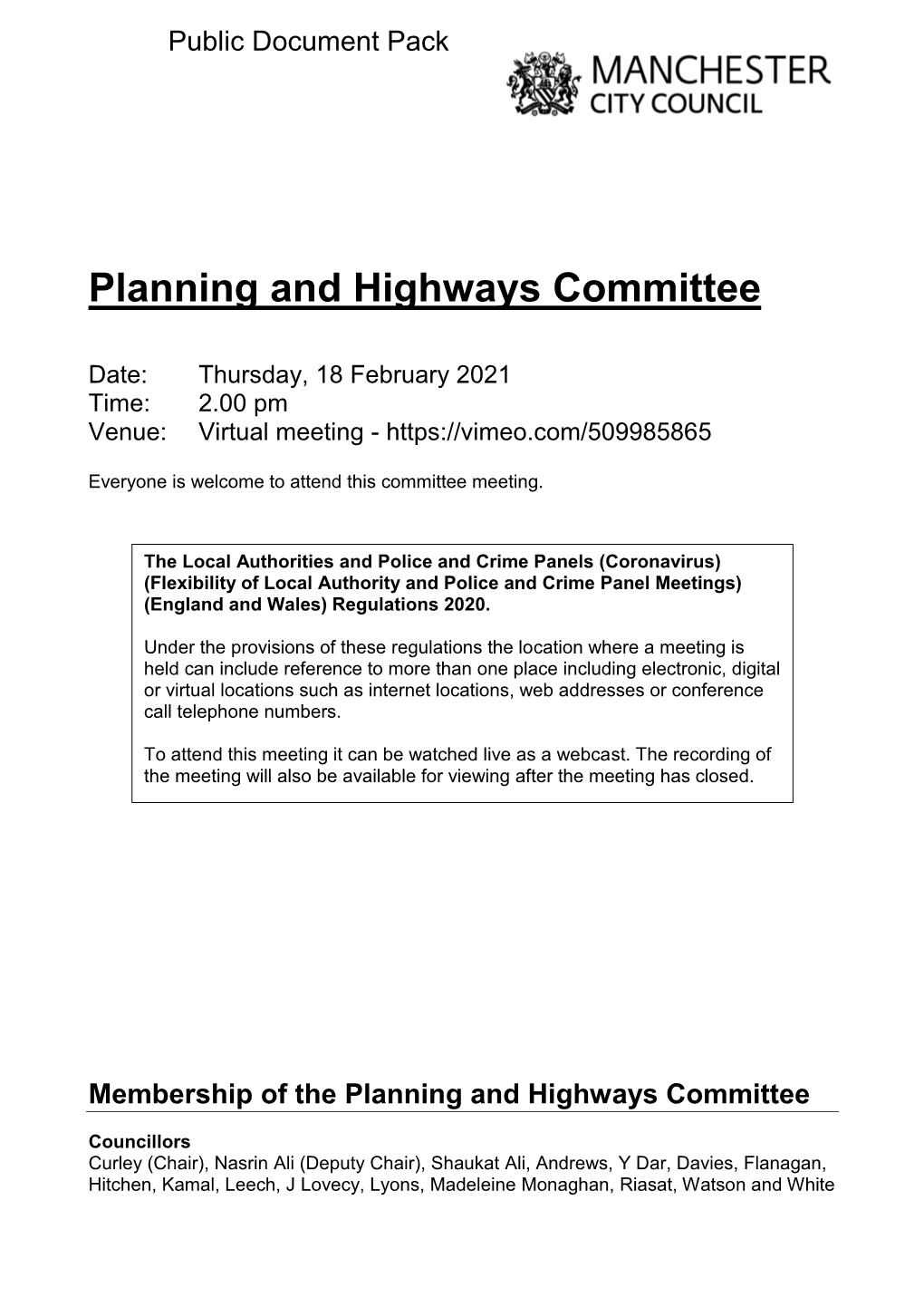 (Public Pack)Agenda Document for Planning and Highways Committee