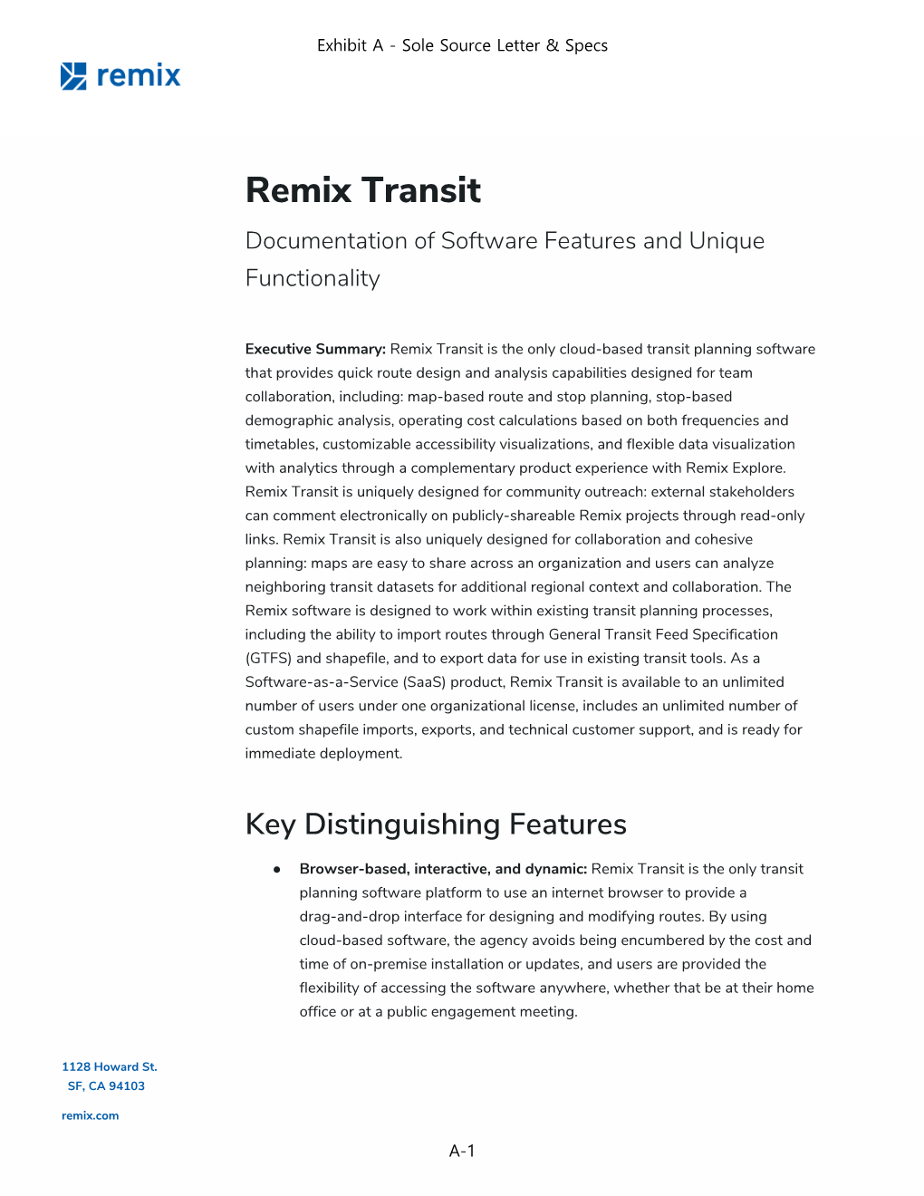 Remix Transit Documentation of Software Features and Unique Functionality