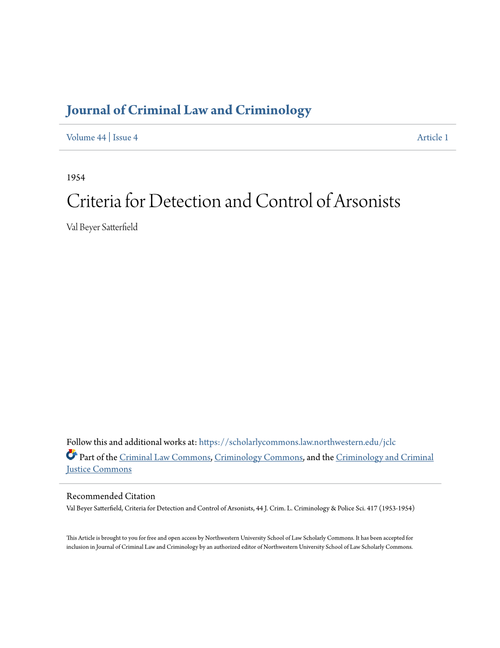 Criteria for Detection and Control of Arsonists Val Beyer Satterfield