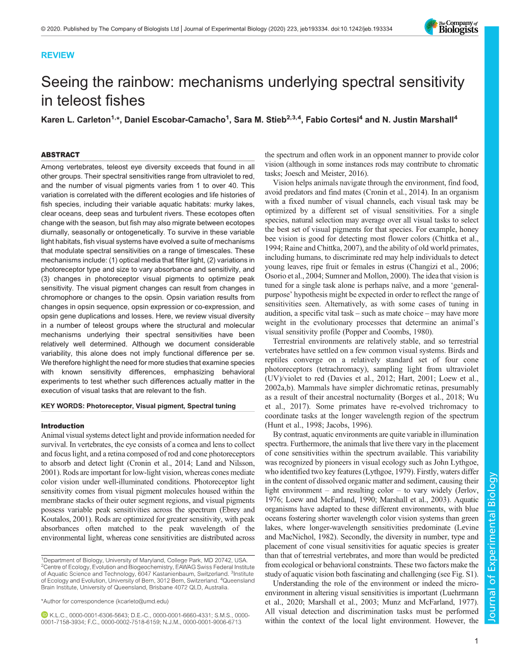 Mechanisms Underlying Spectral Sensitivity in Teleost Fishes Karen L