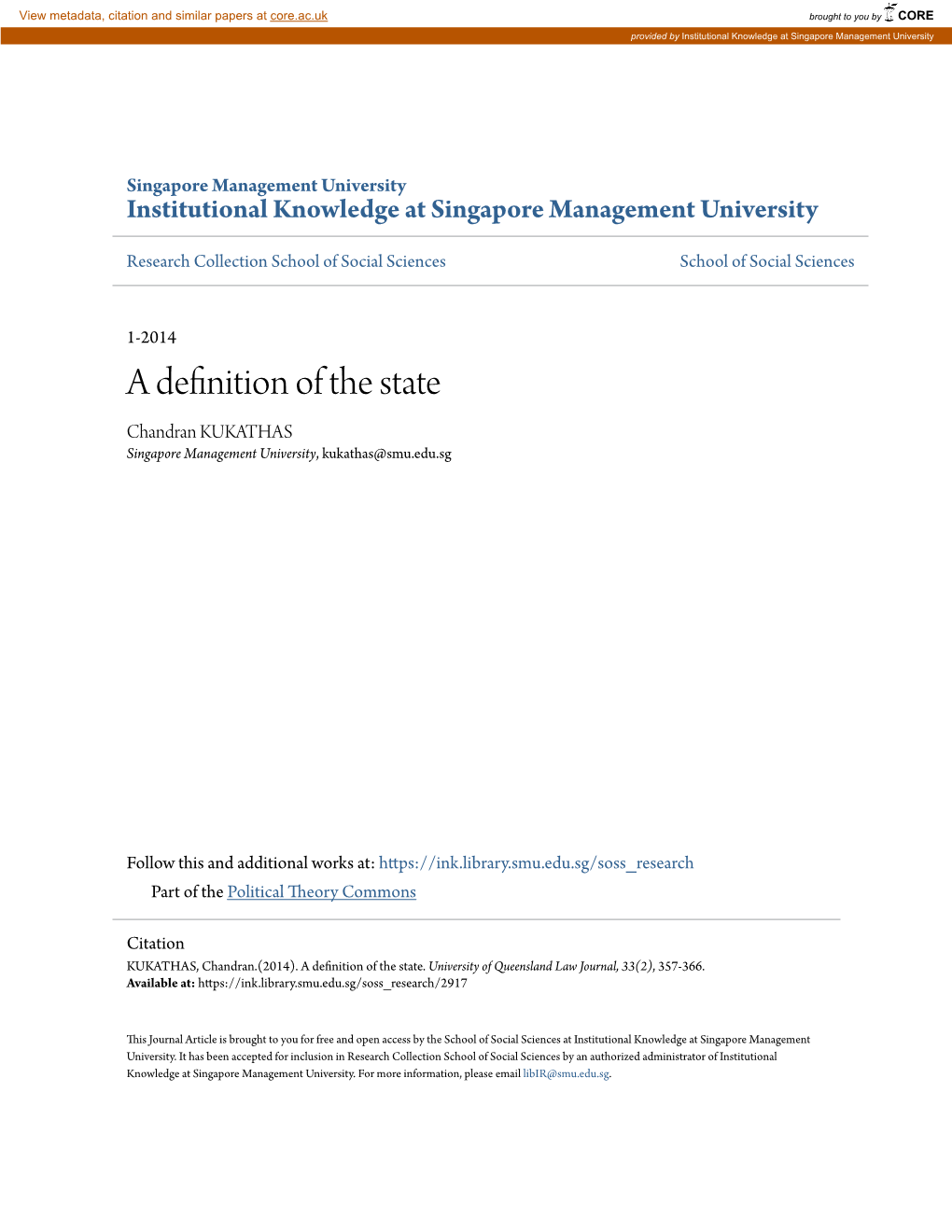 A Definition of the State Chandran KUKATHAS Singapore Management University, Kukathas@Smu.Edu.Sg