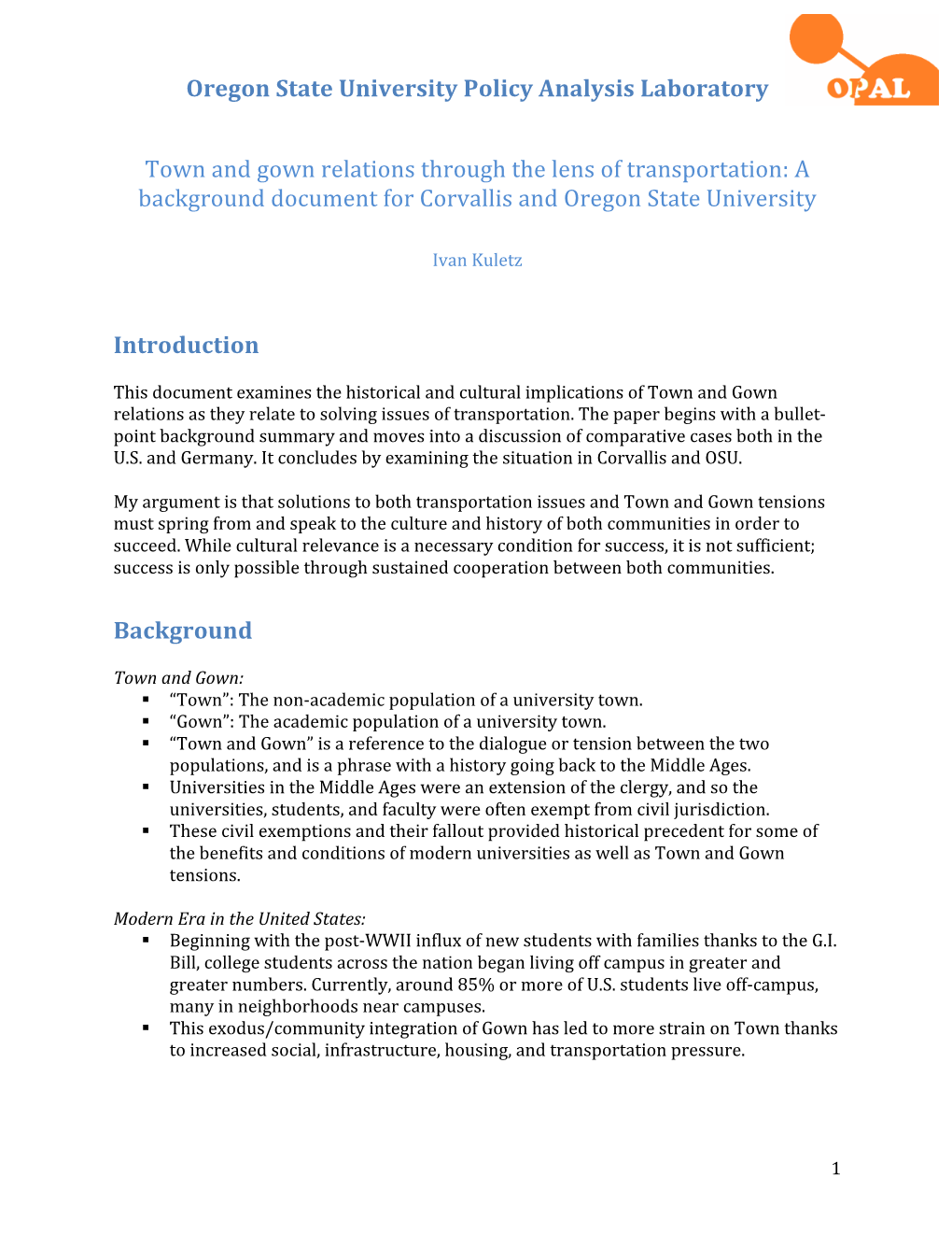 Town and Gown Relations Through the Lens of Transportation: a Background Document for Corvallis and Oregon State University