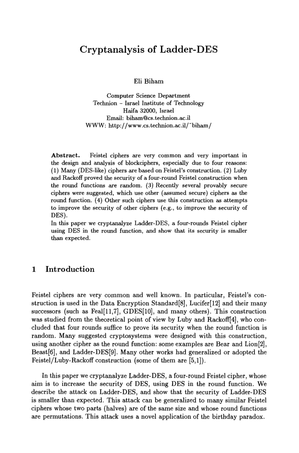 Cryptanalysis of Ladder-DES