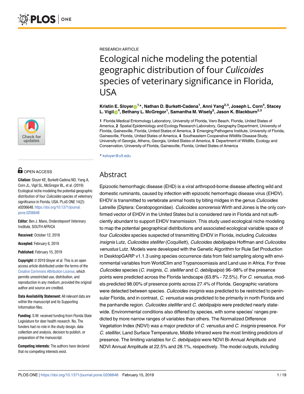 Ecological Niche Modeling the Potential Geographic Distribution of Four Culicoides Species of Veterinary Significance in Florida, USA