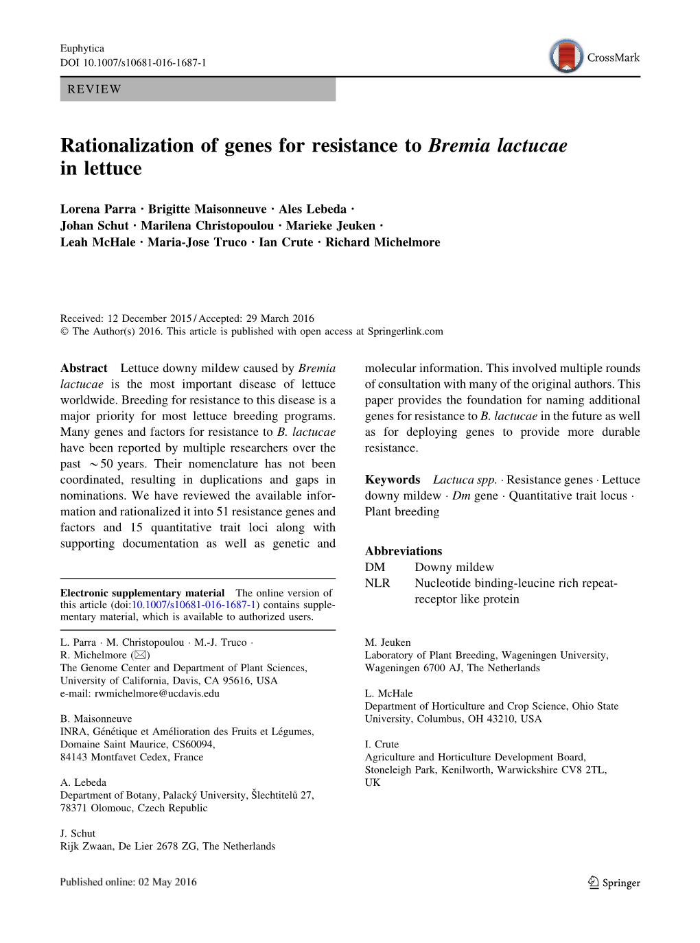 Rationalization of Genes for Resistance to Bremia Lactucae in Lettuce