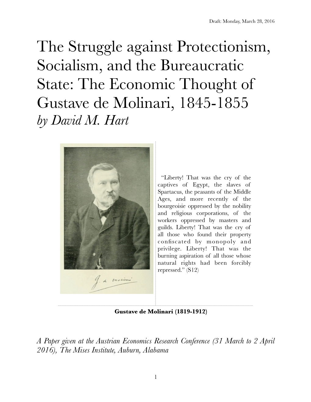 The Economic Thought of Gustave De Molinari, 1845-1855 by David M