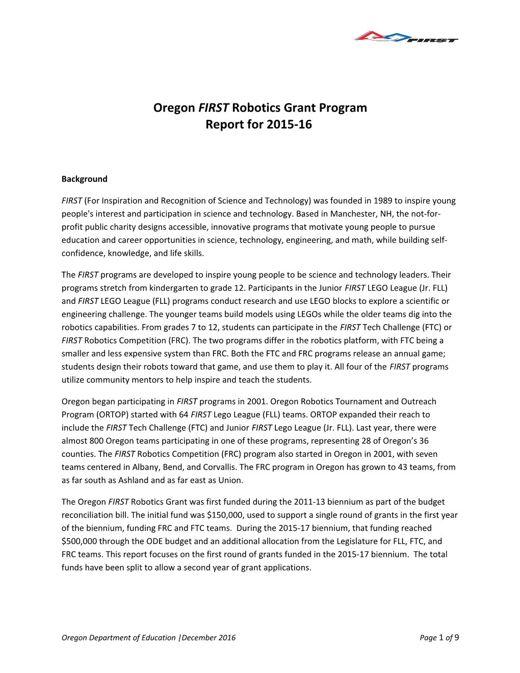 Oregon FIRST Robotics Grant Program