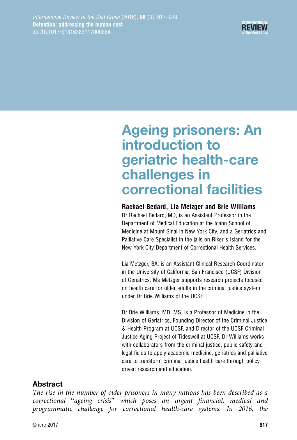 Ageing Prisoners: an Introduction to Geriatric Health-Care Challenges In
