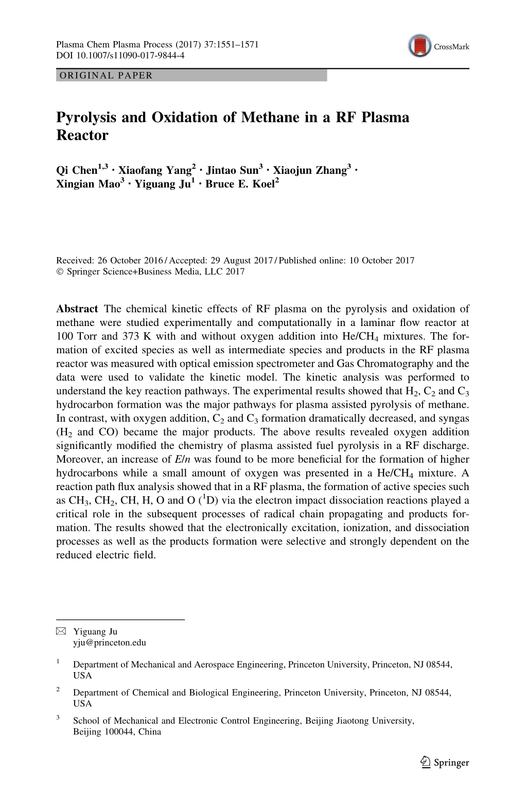 Pyrolysis and Oxidation of Methane in a RF Plasma Reactor