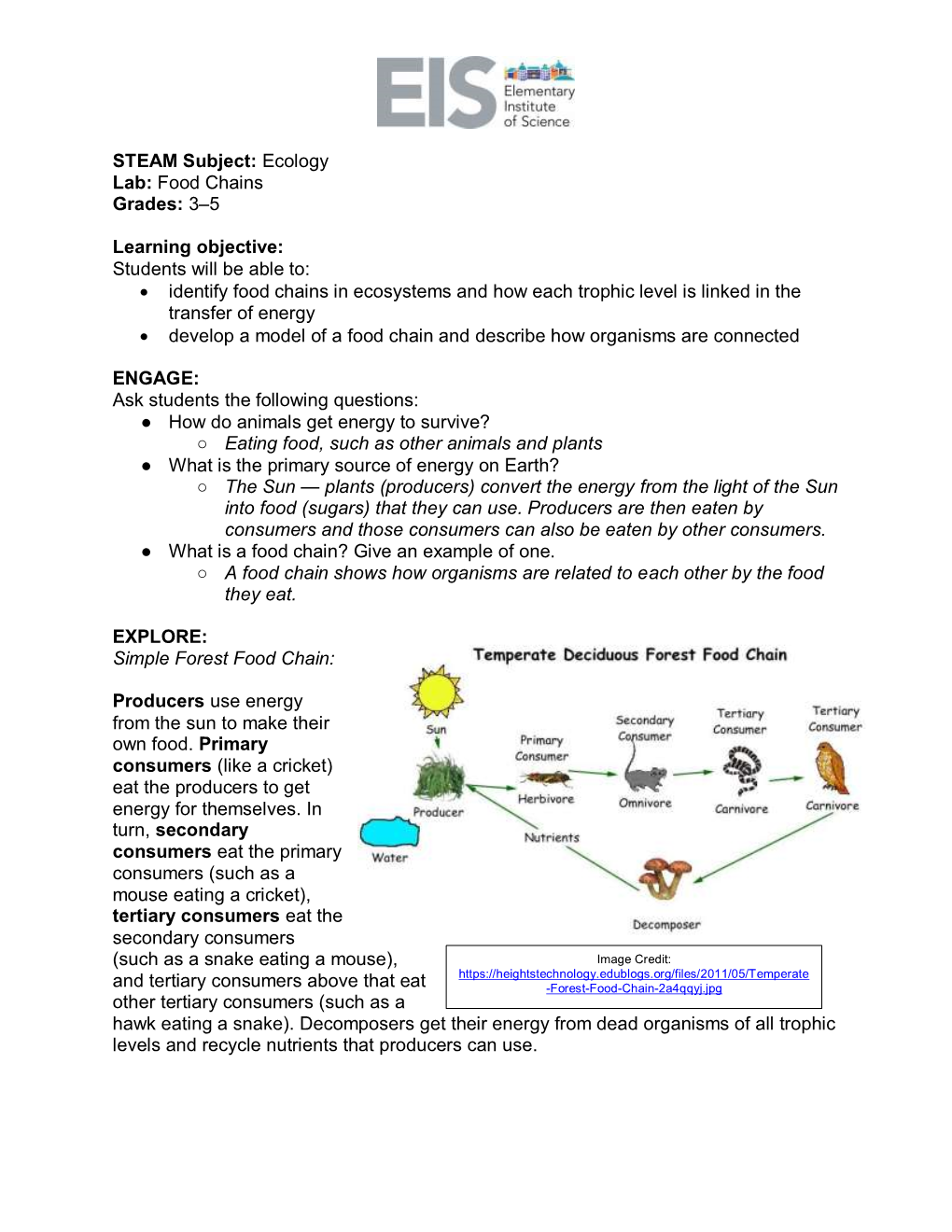 Ecology Lab: Food Chains Grades: 3–5 Learning Objective: Students Will