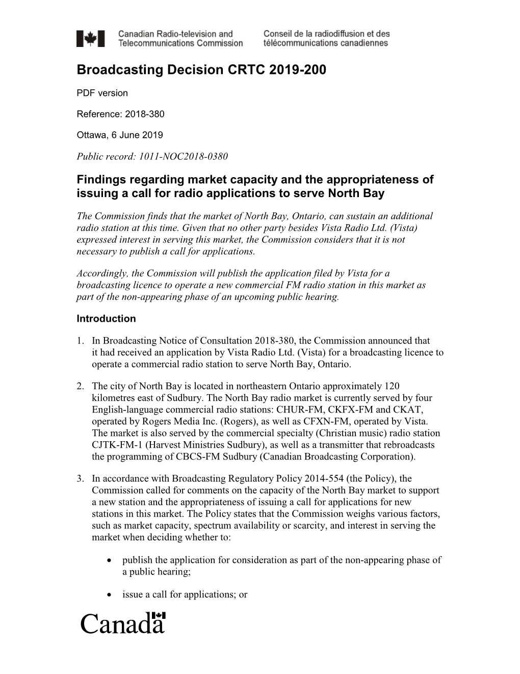 Findings Regarding Market Capacity and the Appropriateness of Issuing a Call for Radio Applications to Serve North Bay