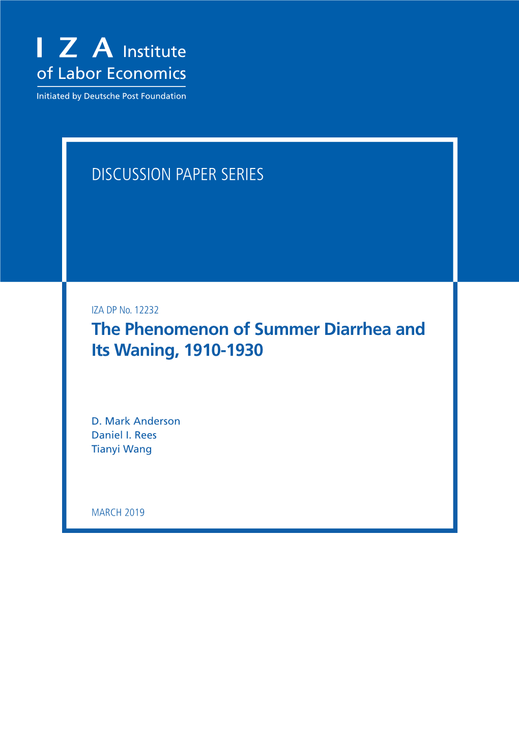 The Phenomenon of Summer Diarrhea and Its Waning, 1910-1930