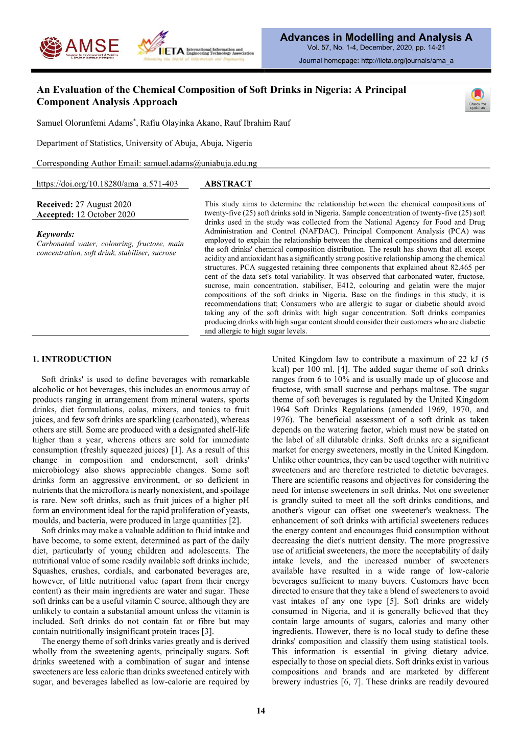 An Evaluation of the Chemical Composition of Soft Drinks in Nigeria: a Principal Component Analysis Approach