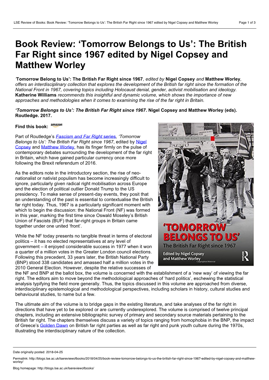 The British Far Right Since 1967 Edited by Nigel Copsey and Matthew Worley Page 1 of 3