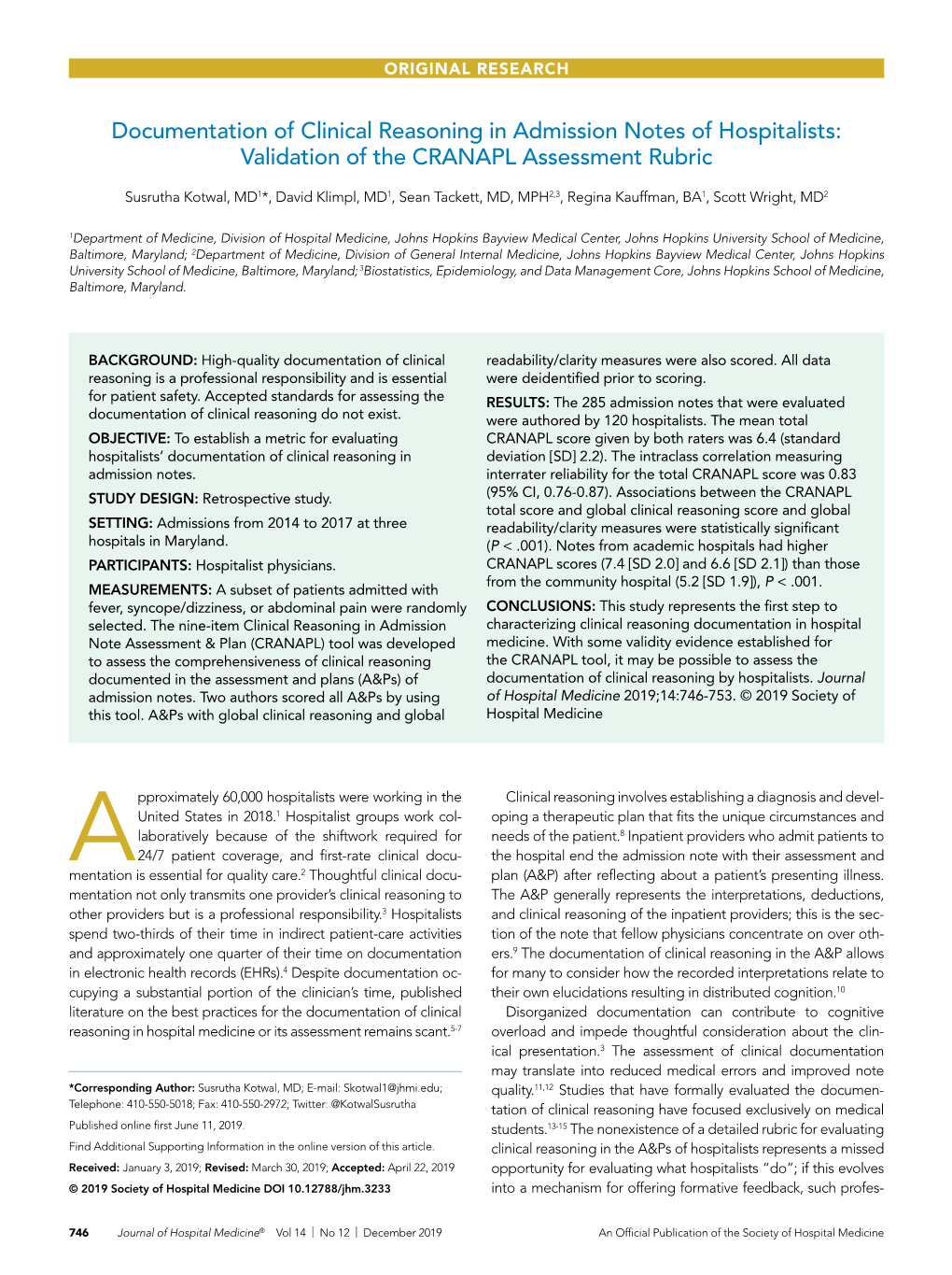 Documentation of Clinical Reasoning in Admission Notes of Hospitalists: Validation of the CRANAPL Assessment Rubric