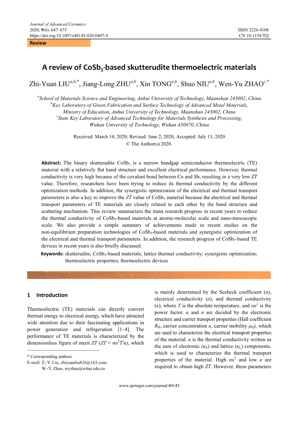 A Review of Cosb 3-Based Skutterudite Thermoelectric Materials