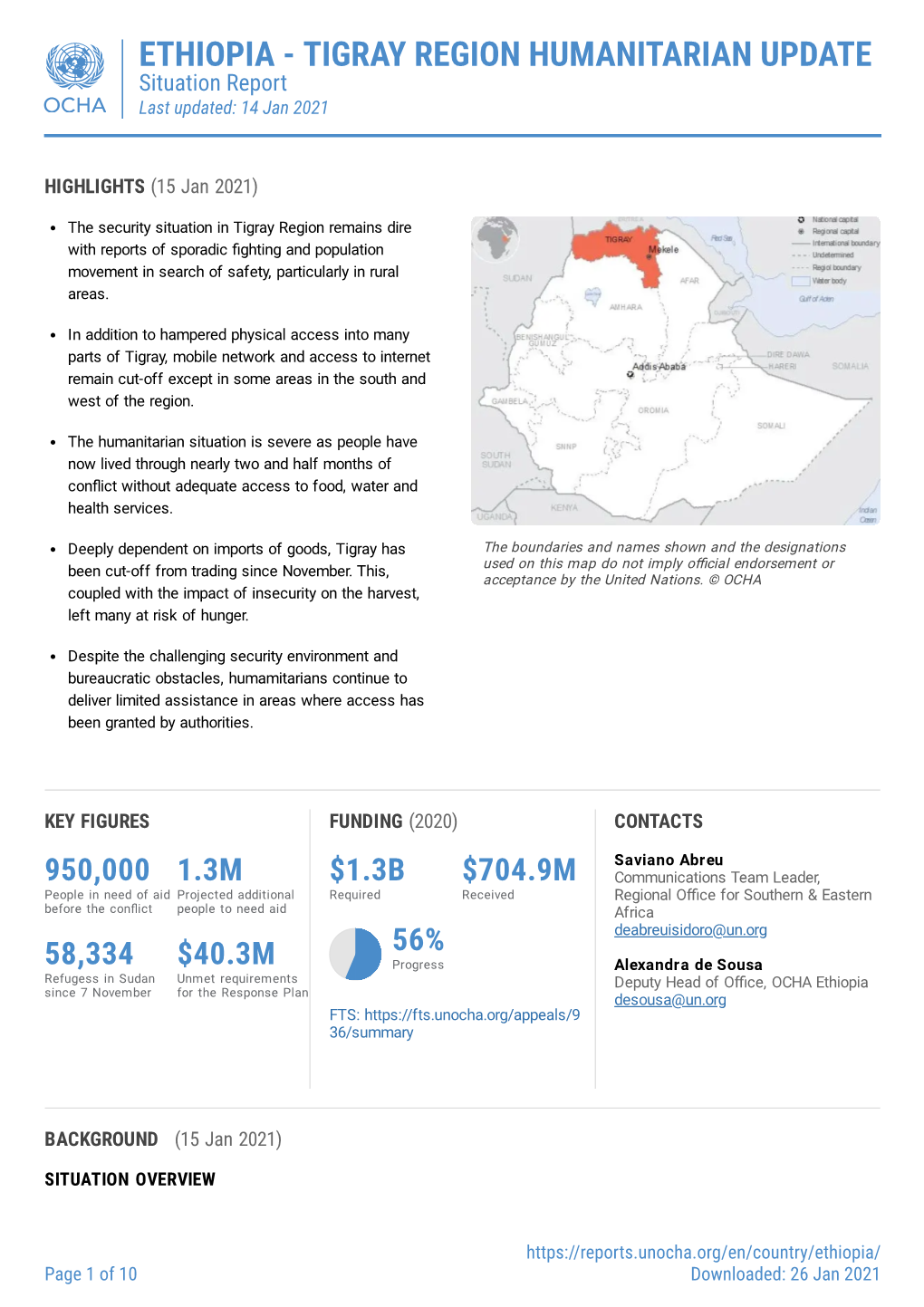 ETHIOPIA - TIGRAY REGION HUMANITARIAN UPDATE Situation Report Last Updated: 14 Jan 2021