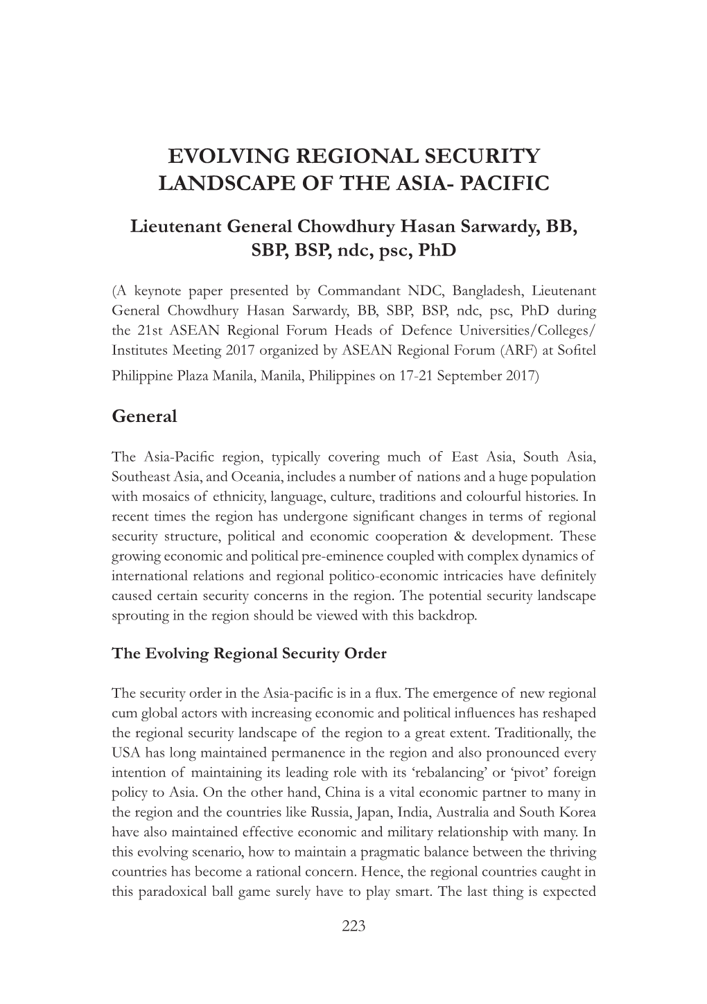 Evolving Regional Security Landscape of the Asia- Pacific