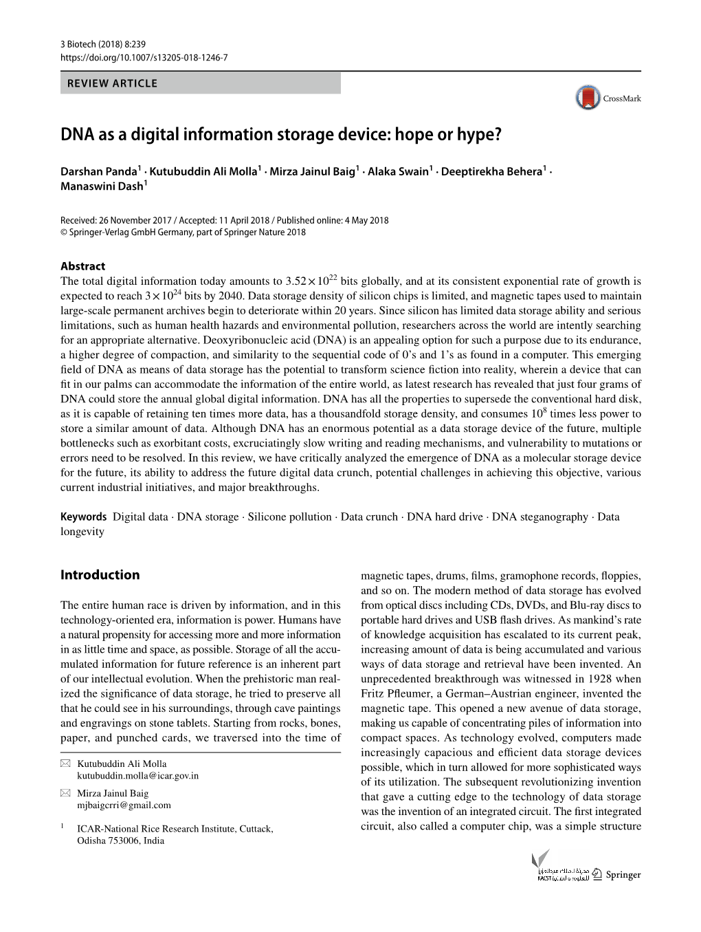 (Et Al.), “DNA As a Digital Information Storage Device: Hope Or Hype?”