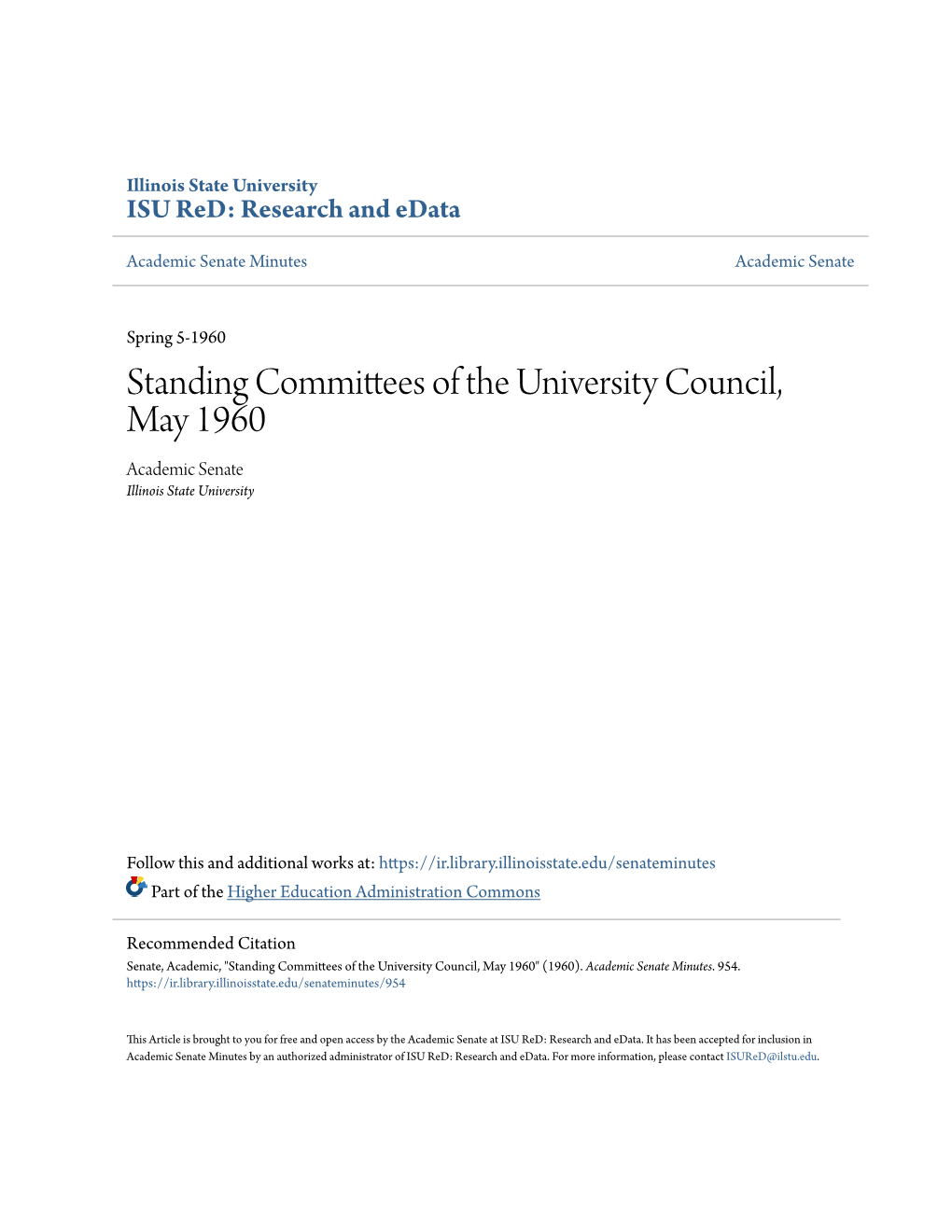 Standing Committees of the University Council, May 1960 Academic Senate Illinois State University