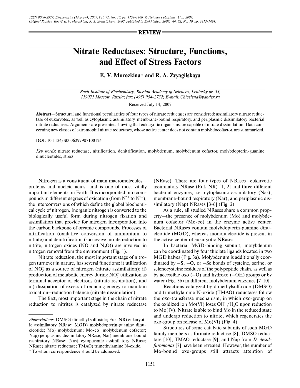 Nitrate Reductases: Structure, Functions, and Effect of Stress Factors