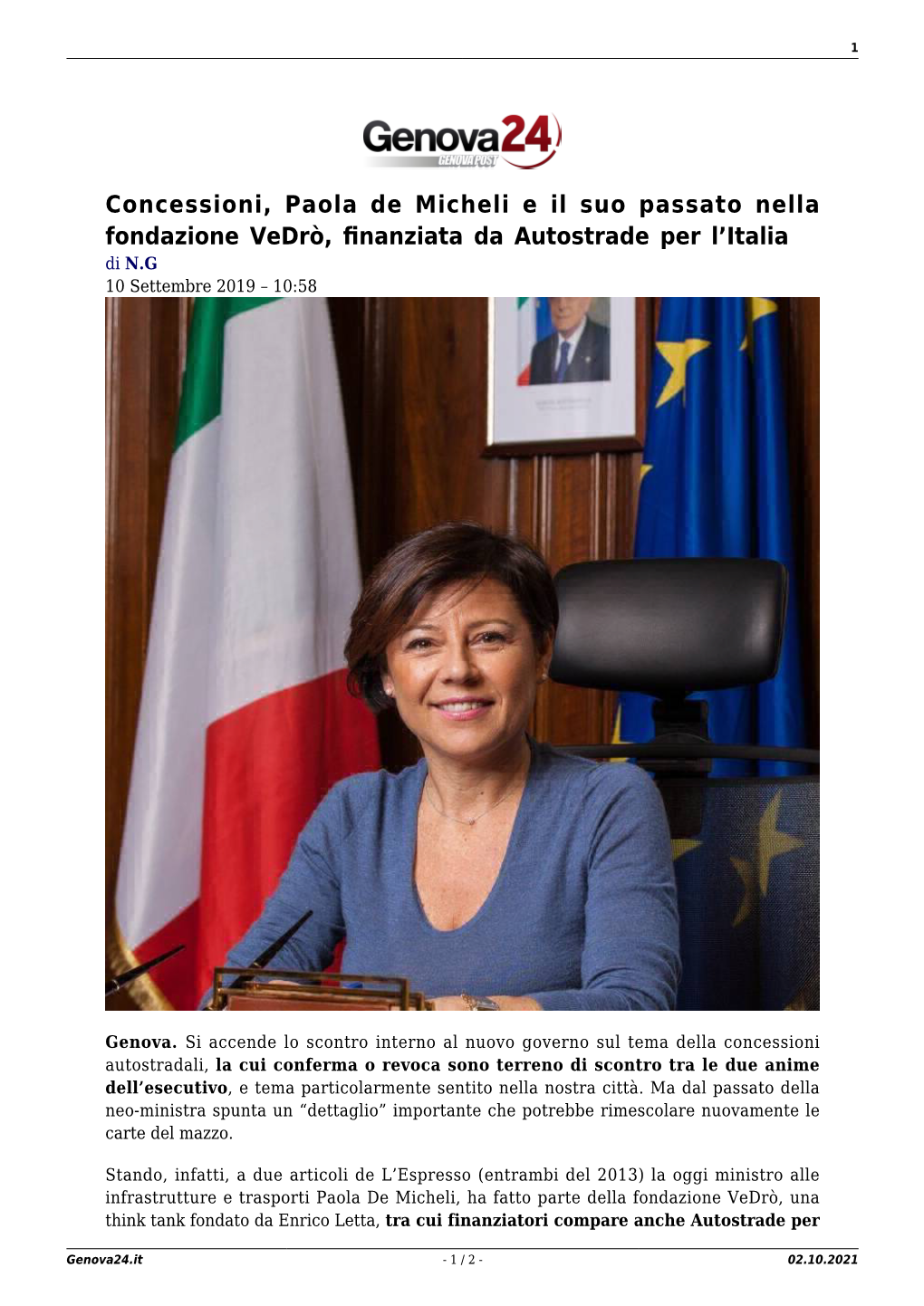 Concessioni, Paola De Micheli E Il Suo Passato Nella Fondazione Vedrò, ﬁnanziata Da Autostrade Per L’Italia Di N.G 10 Settembre 2019 – 10:58