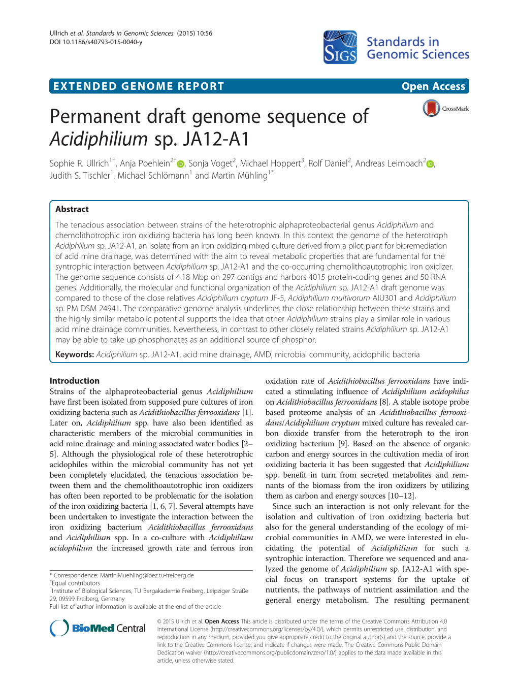 Permanent Draft Genome Sequence of Acidiphilium Sp. JA12-A1 Sophie R