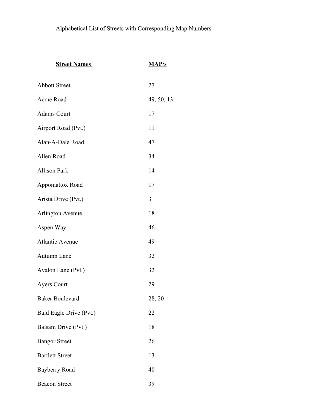 Alphabetical List of Streets with Corresponding Map Numbers