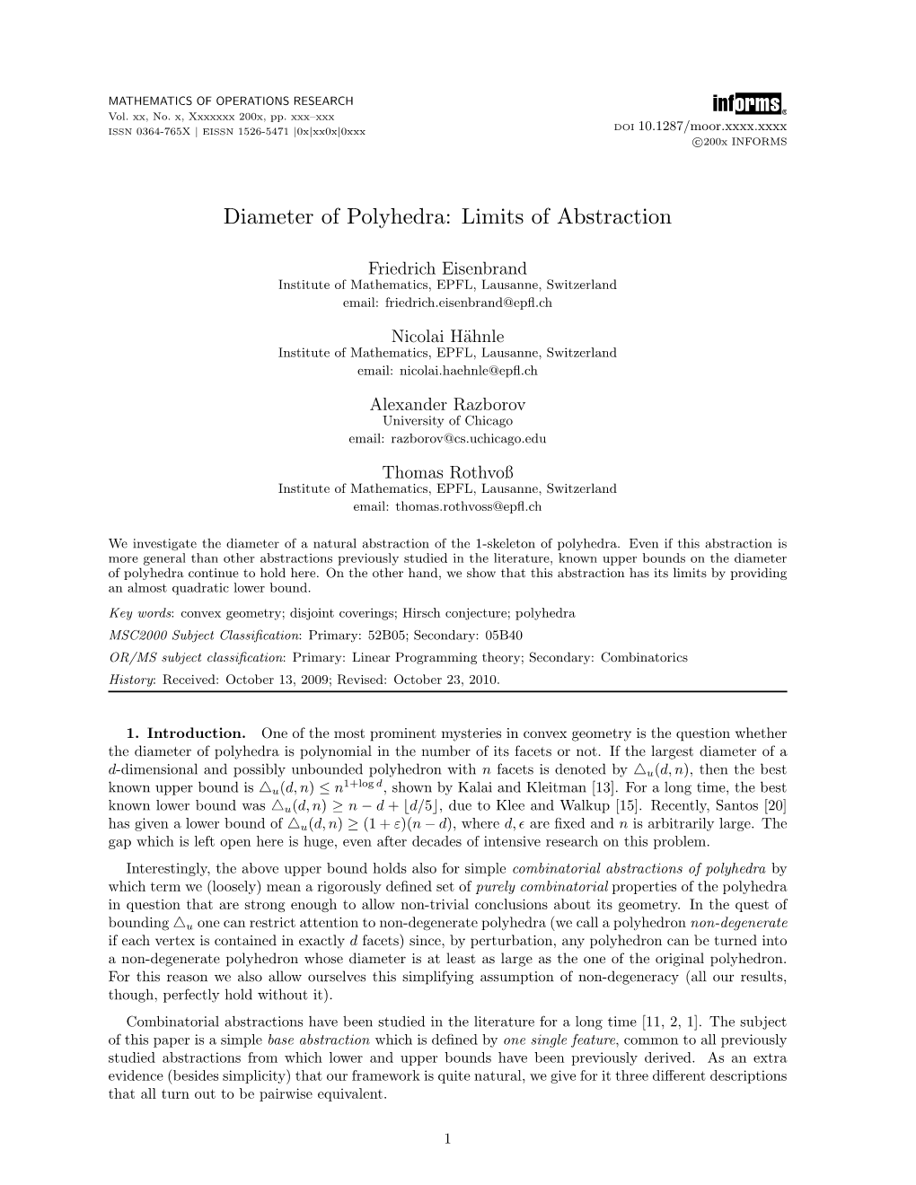 Diameter of Polyhedra: Limits of Abstraction