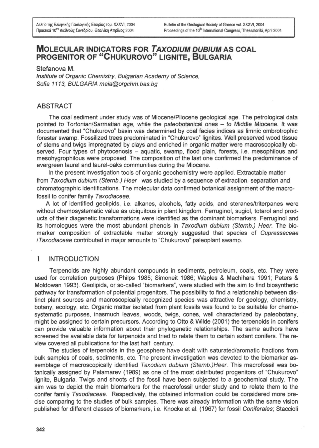 Molecular Indicators for Taxodium Dubium As Coal Progenitor Of" Chukurovo" Lignite, Bulgaria