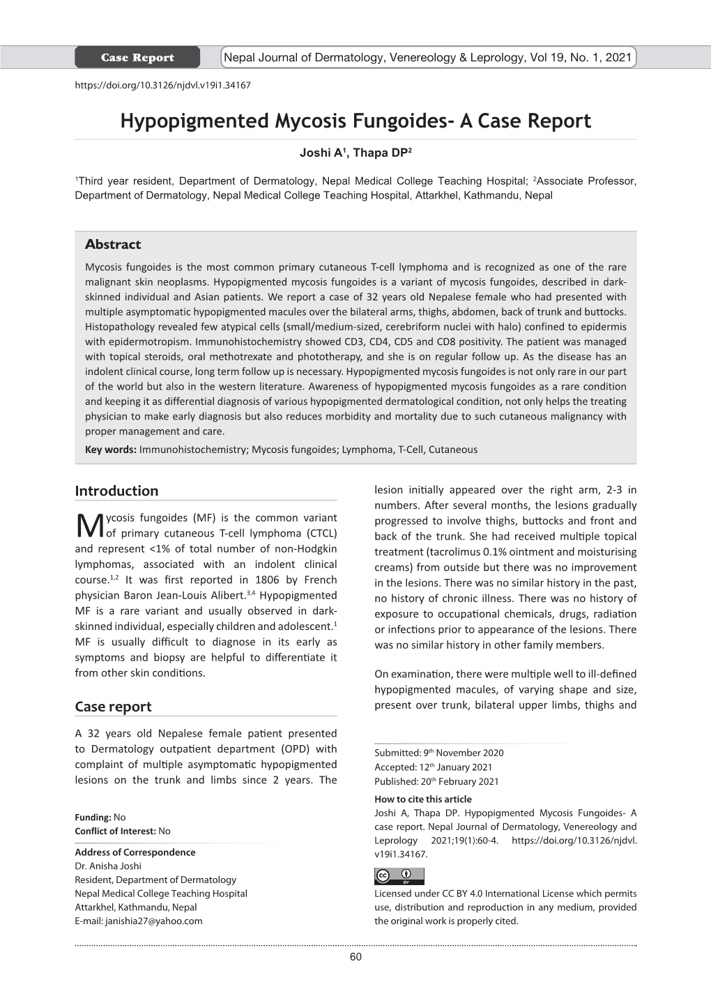 Hypopigmented Mycosis Fungoides- a Case Report