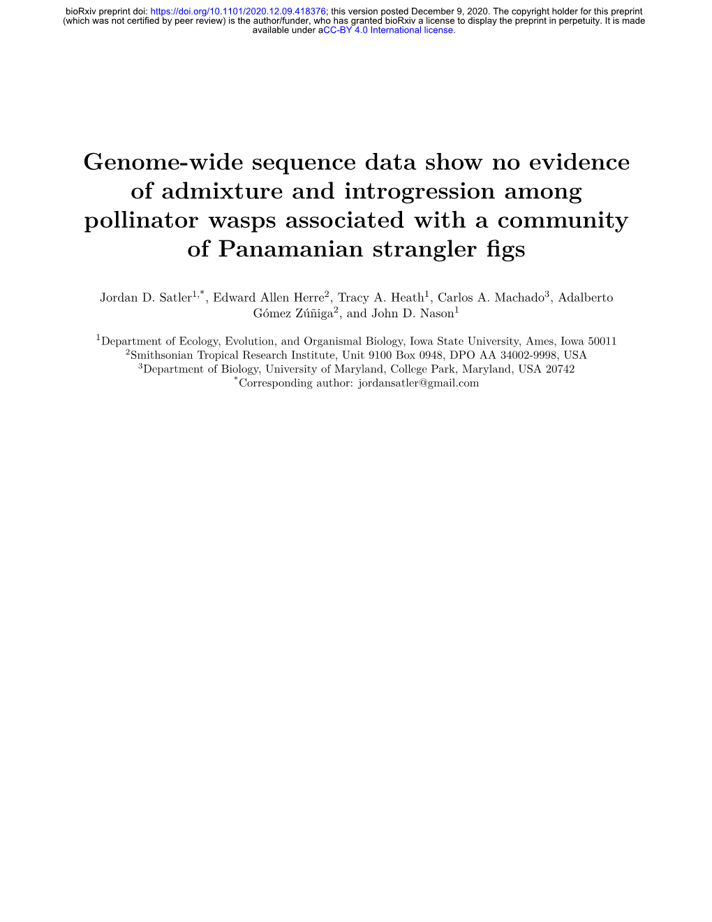 Genome-Wide Sequence Data Show No Evidence of Admixture and Introgression Among Pollinator Wasps Associated with a Community of Panamanian Strangler ﬁgs