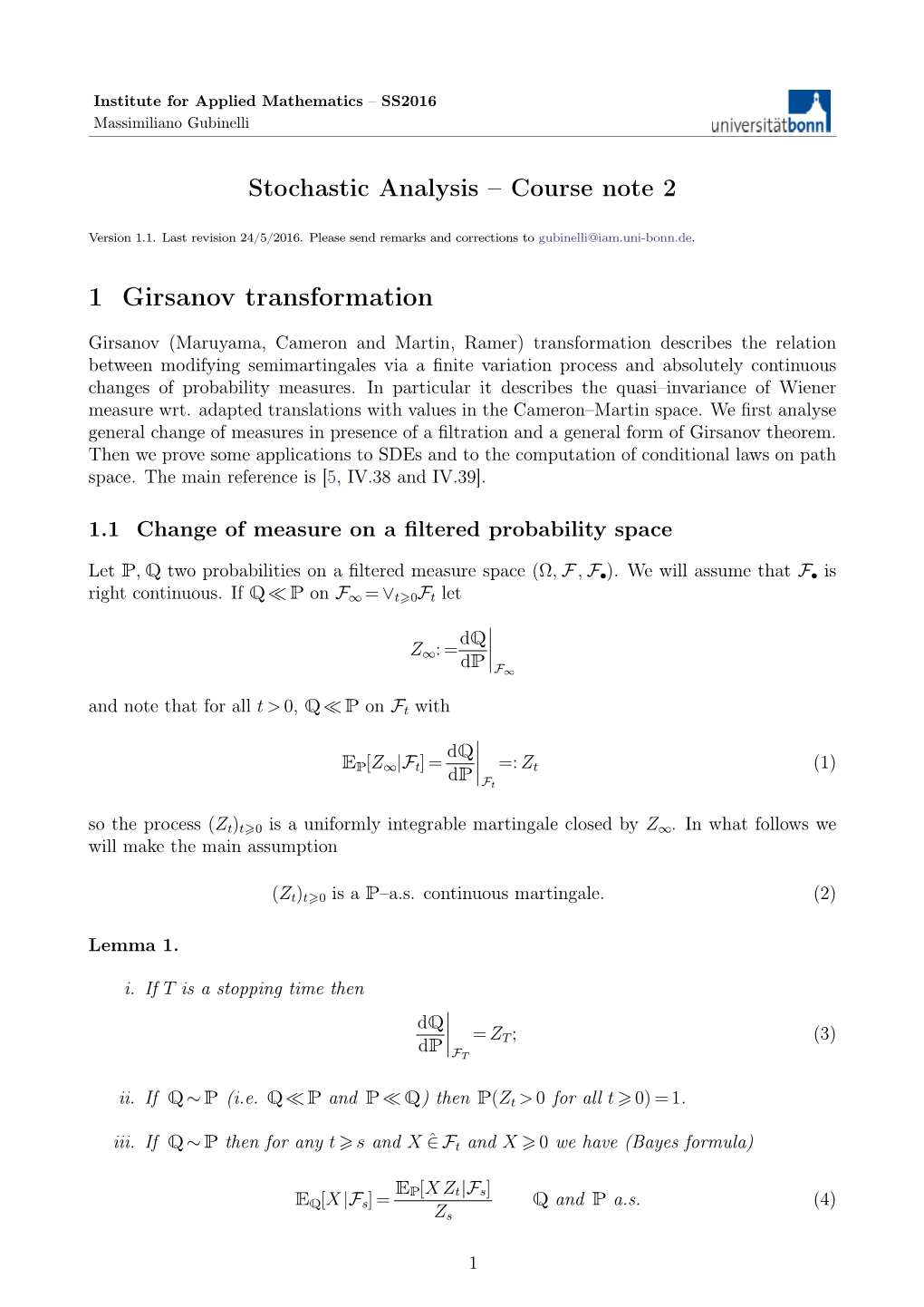 1 Girsanov Transformation