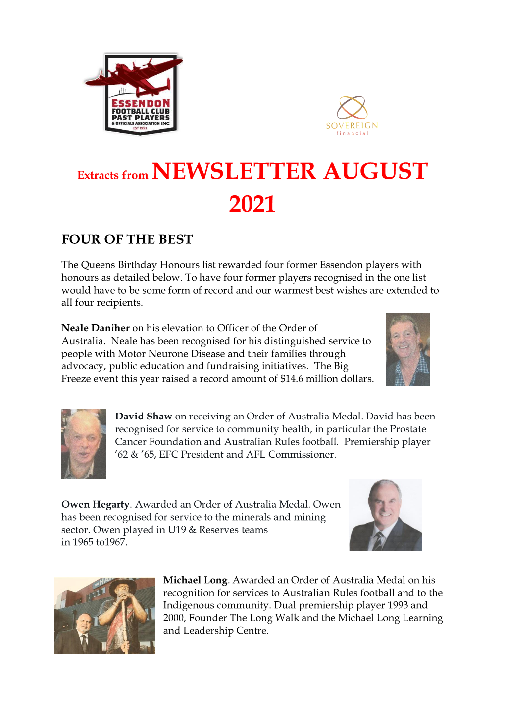 Extracts from NEWSLETTER AUGUST 2021