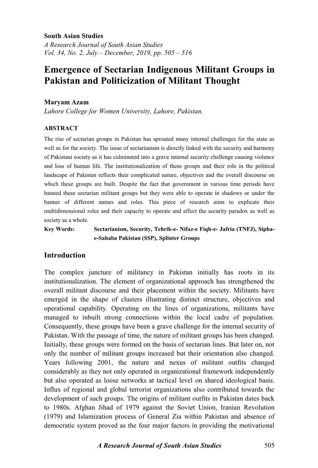 Emergence of Sectarian Indigenous Militants Groups in Pakistan And