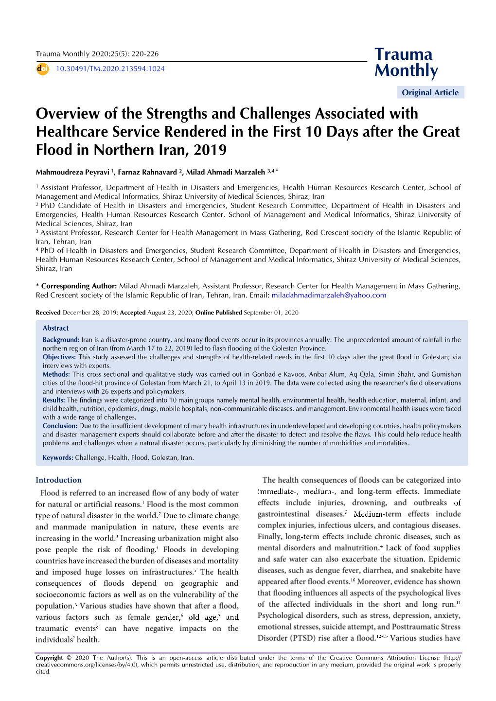 Overview of the Strengths and Challenges Associated with Healthcare Service Rendered in the First 10 Days After the Great Flood in Northern Iran, 2019