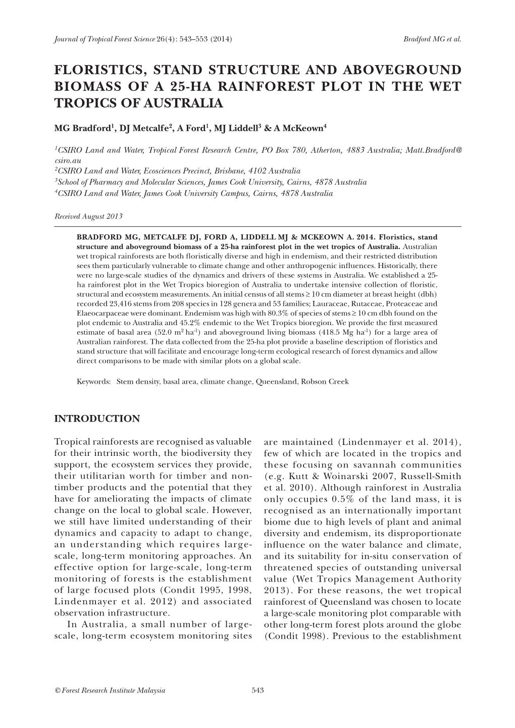 Floristics, Stand Structure and Aboveground Biomass of a 25-Ha Rainforest Plot in the Wet Tropics of Australia