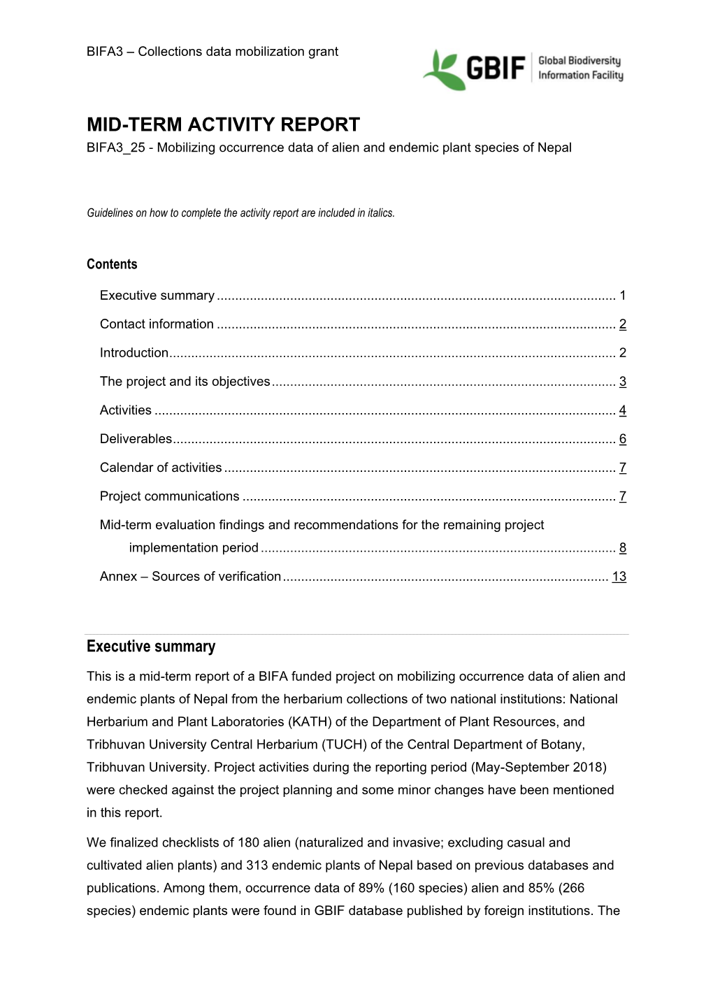 MID-TERM ACTIVITY REPORT BIFA3 25 - Mobilizing Occurrence Data of Alien and Endemic Plant Species of Nepal