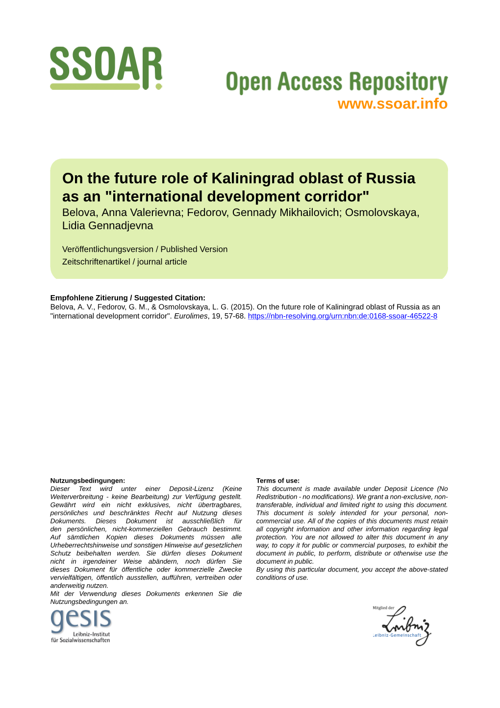 On the Future Role of Kaliningrad Oblast of Russia As An