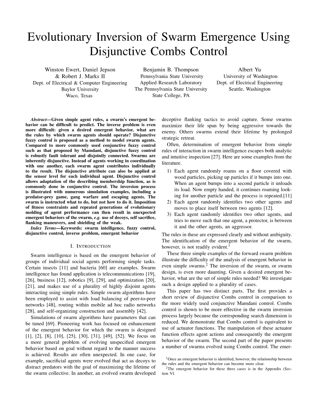 Evolutionary Inversion of Swarm Emergence Using Disjunctive Combs Control