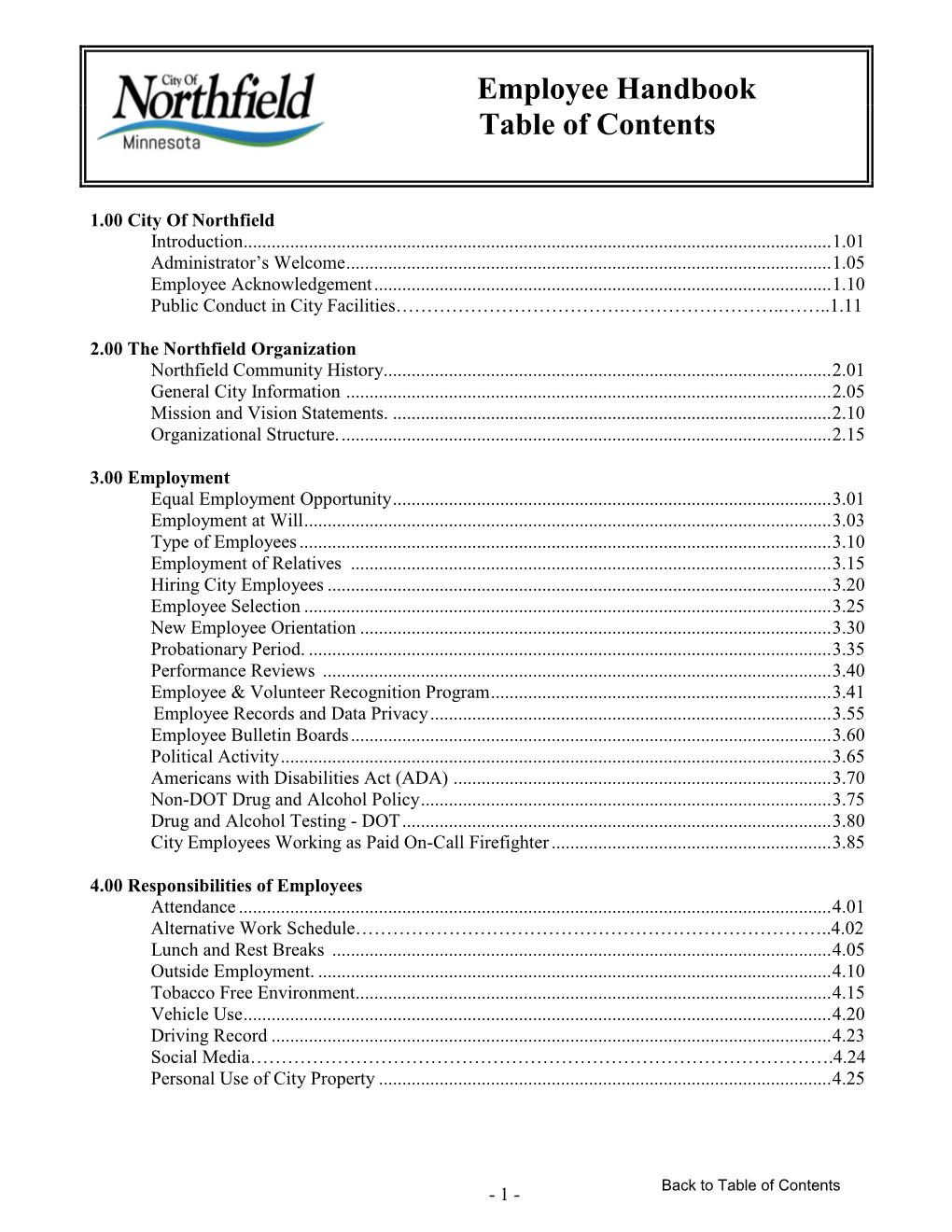 Employee Handbook Table of Contents