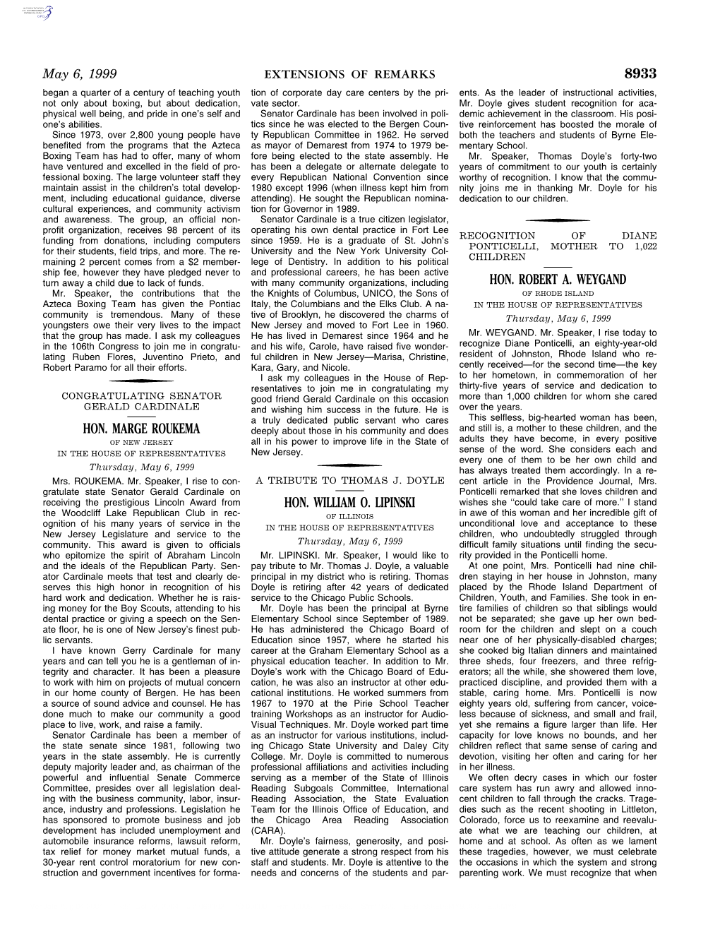 8933 Hon. Marge Roukema Hon. William O. Lipinski Hon