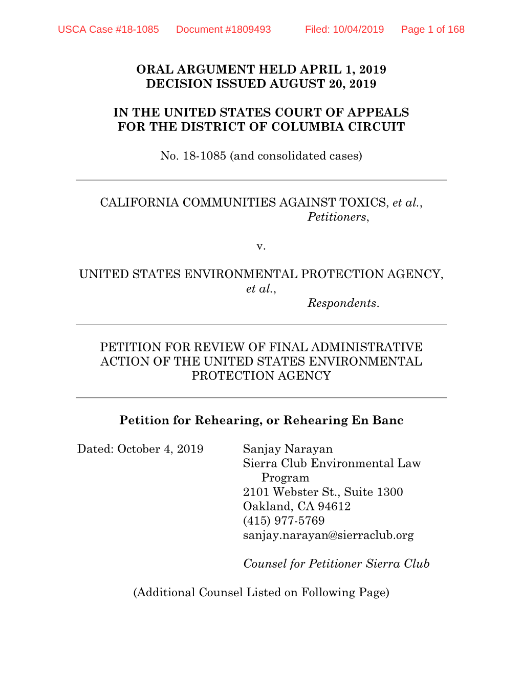USCA Case #18-1085 Document #1809493 Filed: 10/04/2019 Page 1 of 168